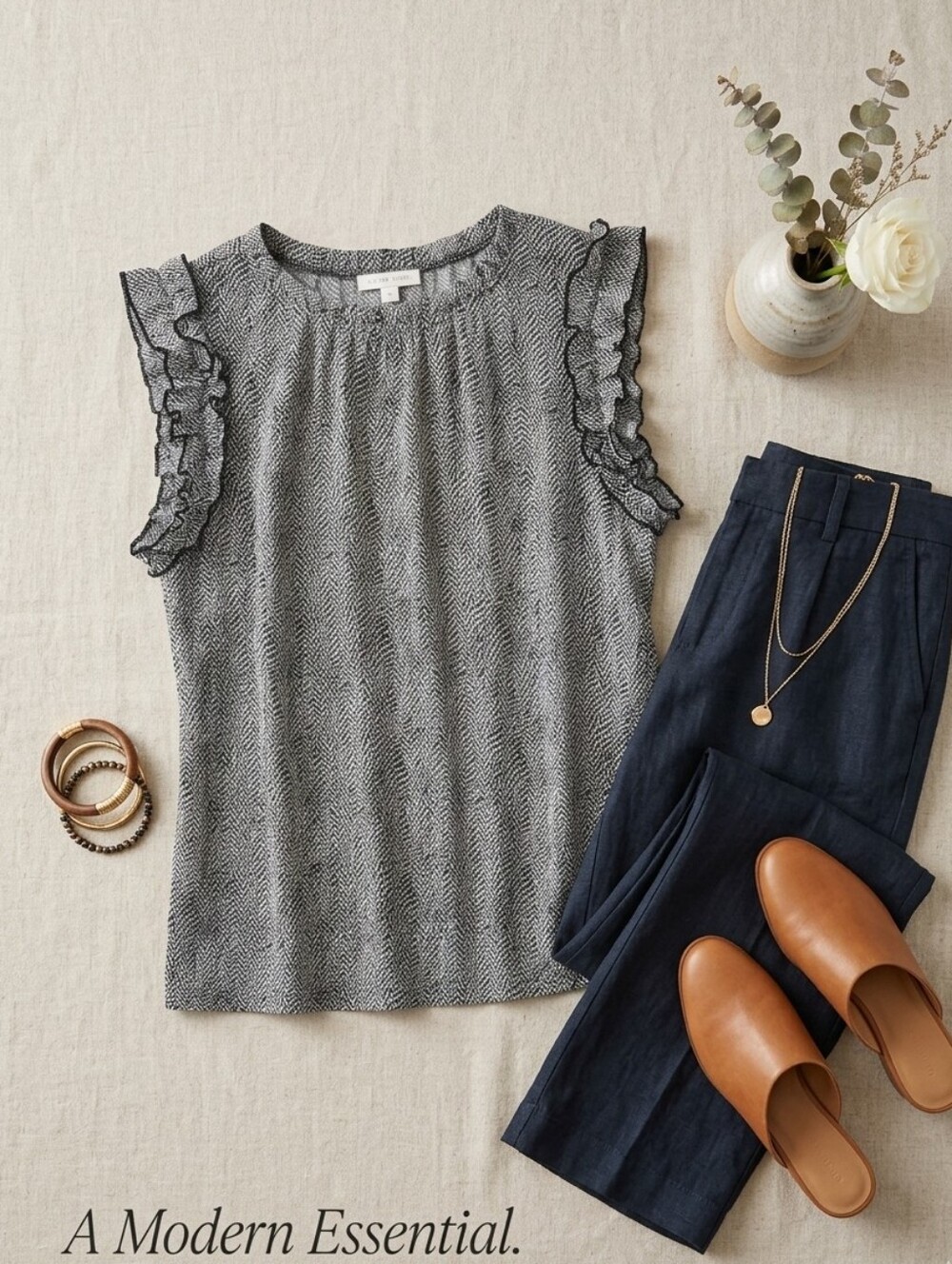Notations Pebble Print Ruffle Sleeveless Stretchy Classic Blouse Top Large NWOT